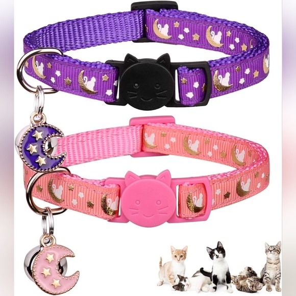 Baeuppit 2-PCS Breakaway Cats Collars with Moons Stars Bell & Glow in The Dark - Picture 2 of 7